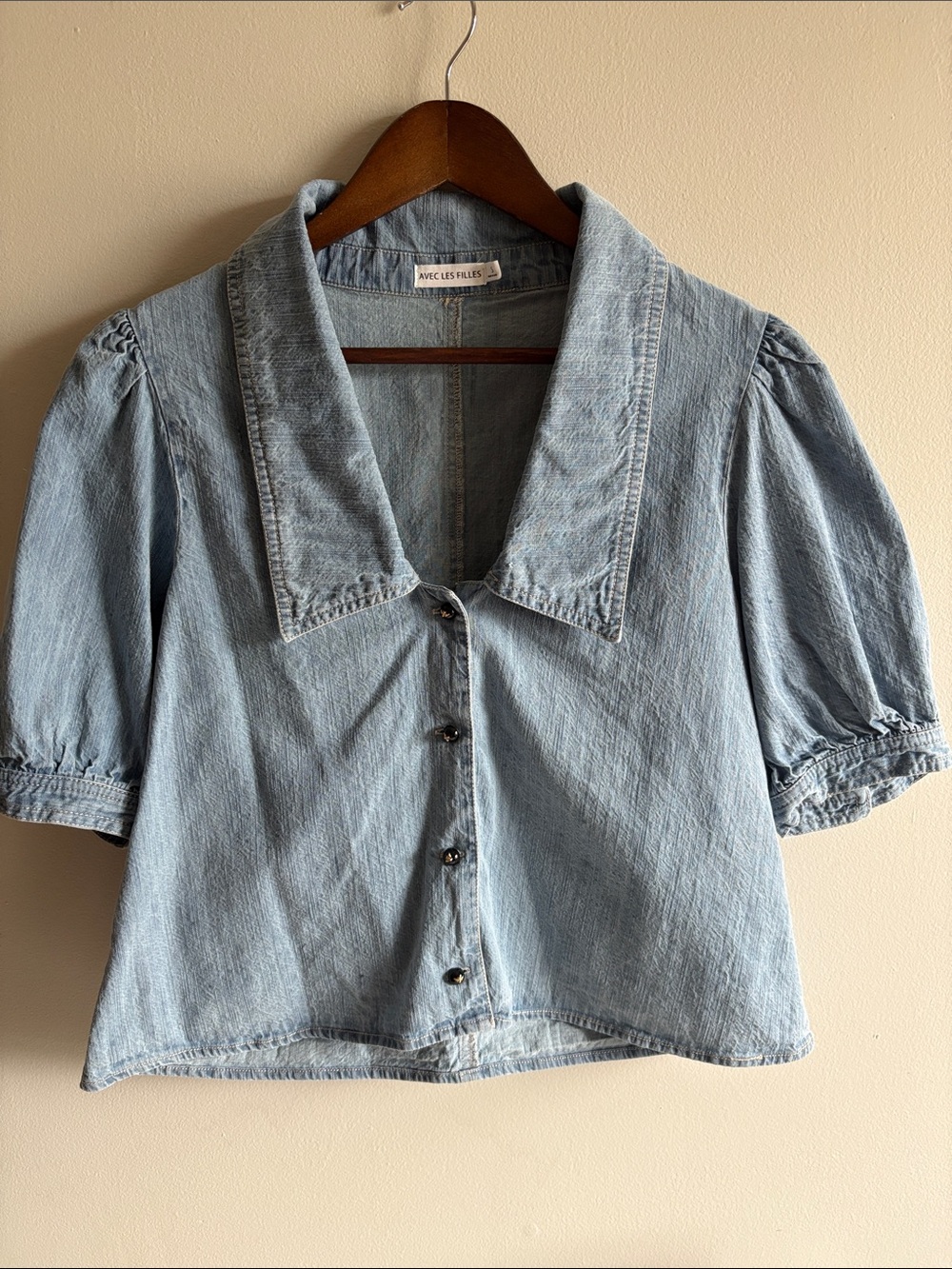 Avec Les Filles Light Blue Denim Button-Down Puff Sleeve Shirt